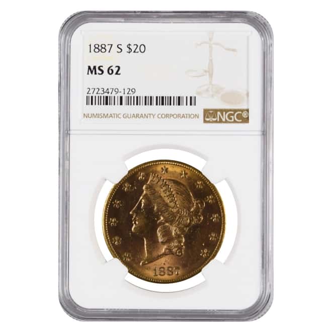 1887 S $20 Liberty Head Double Eagle Gold Coin NGC MS 62