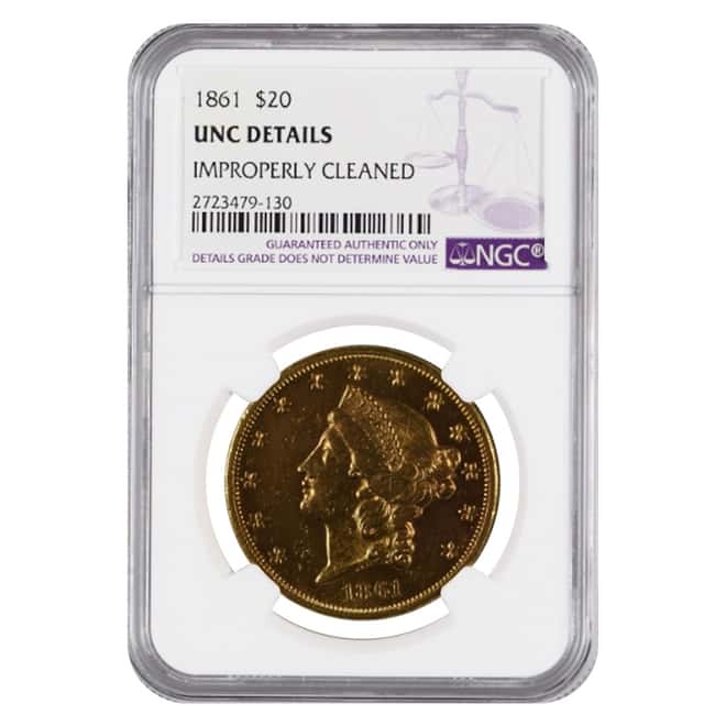 1861 $20 Liberty Head Double Eagle Gold Coin NGC UNC Details