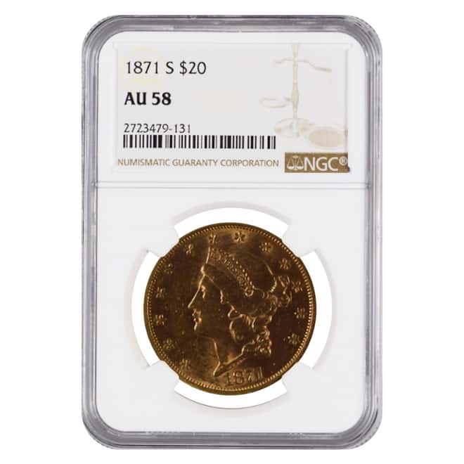 1871 S $20 Liberty Head Double Eagle Gold Coin NGC AU 58
