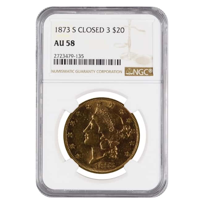 1873 S $20 Closed 3 Liberty Head Double Eagle Gold Coin NGC AU 58