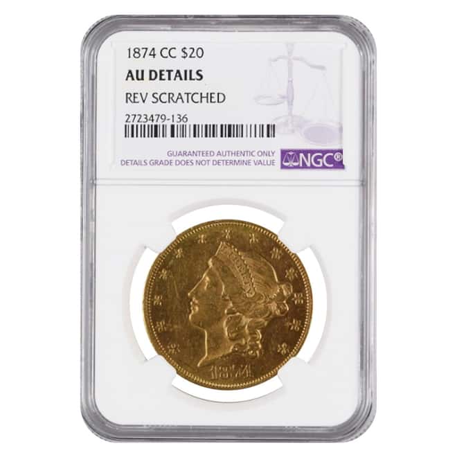 1874 CC $20 Liberty Head Double Eagle Gold Coin NGC AU Details