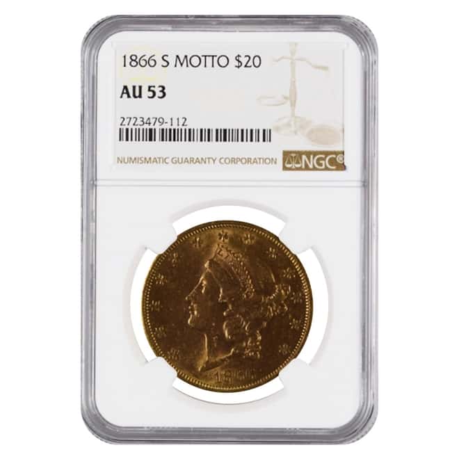 1866 S $20 Liberty Head Double Eagle Gold Coin Motto NGC AU 53
