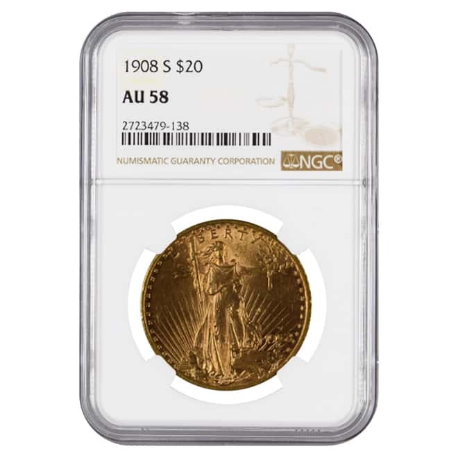 1908 S $20 Gold Saint Gaudens Double Eagle Coin NGC AU 58