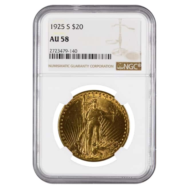1925 S $20 Gold Saint Gaudens Double Eagle Coin NGC AU 58