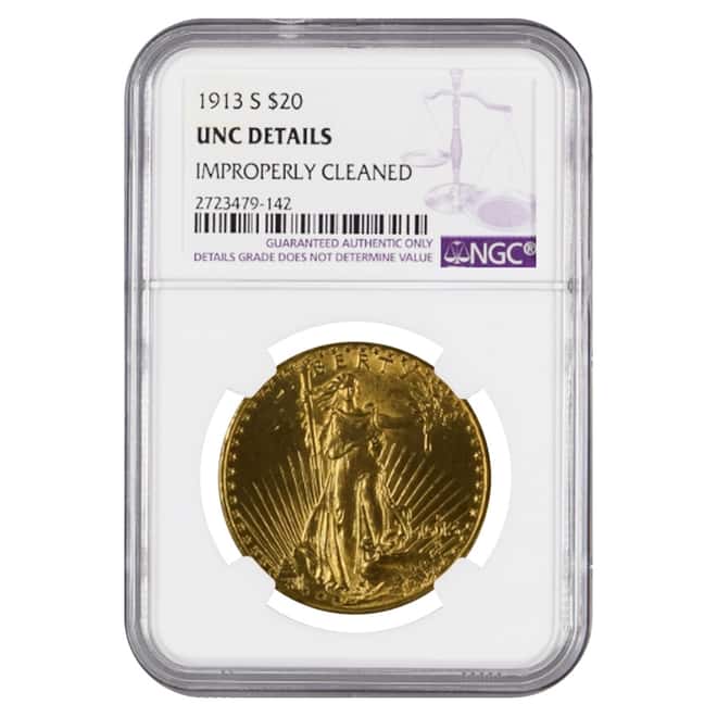 1913 S $20 Gold Saint Gaudens Double Eagle Coin NGC UNC Details