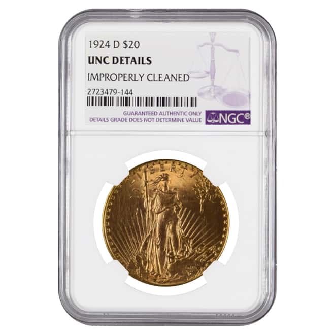 1924 D $20 Gold Saint Gaudens Double Eagle Coin NGC UNC Details