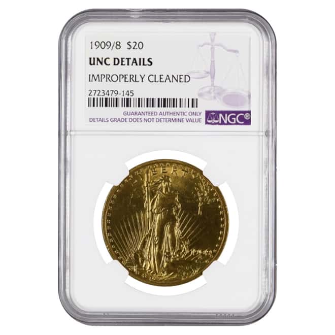 1909/8 $20 Gold Saint Gaudens Double Eagle Coin NGC UNC Details