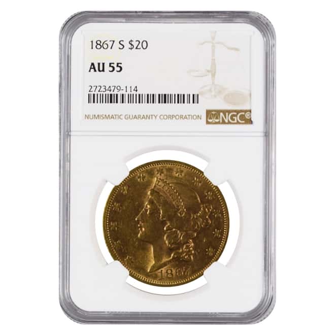 1867 S $20 Liberty Head Double Eagle Gold Coin NGC AU 55