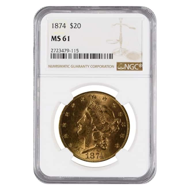 1874 $20 Liberty Head Double Eagle Gold Coin NGC MS 61
