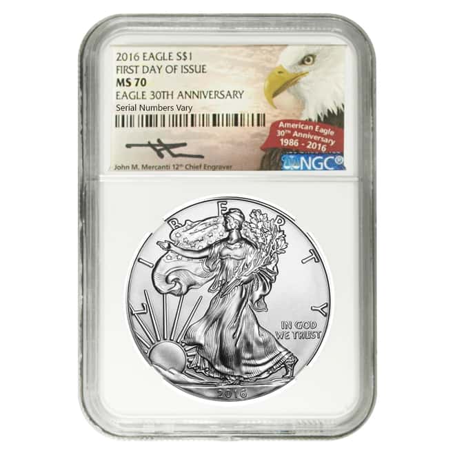 2016 1 oz Silver American Eagle NGC MS 70 FDI - 30th Anniversary (John Mercanti Signature Label)