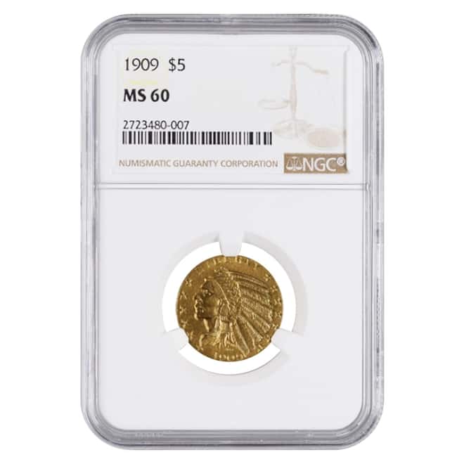 1909 $5 Indian Head Half Eagle Gold Coin NGC MS 60