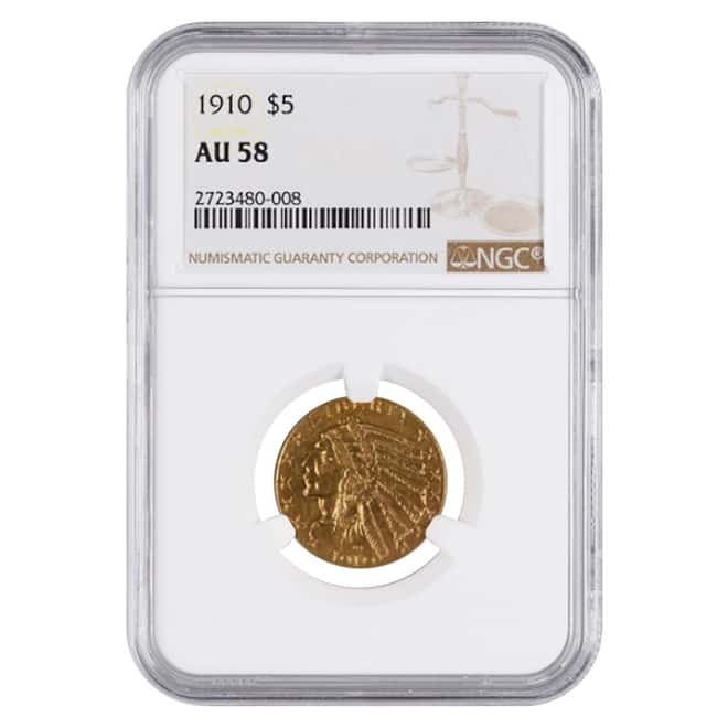 1910 $5 Indian Head Half Eagle Gold Coin NGC AU 58