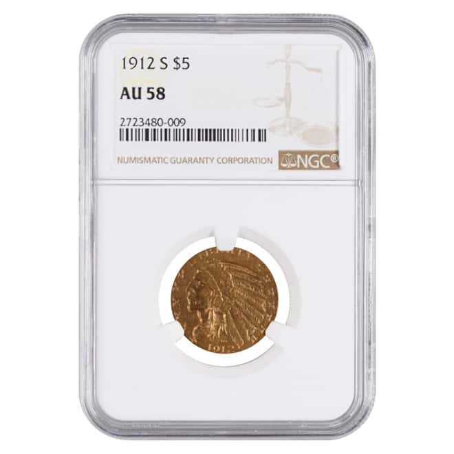 1912 S $5 Indian Head Half Eagle Gold Coin NGC AU 58
