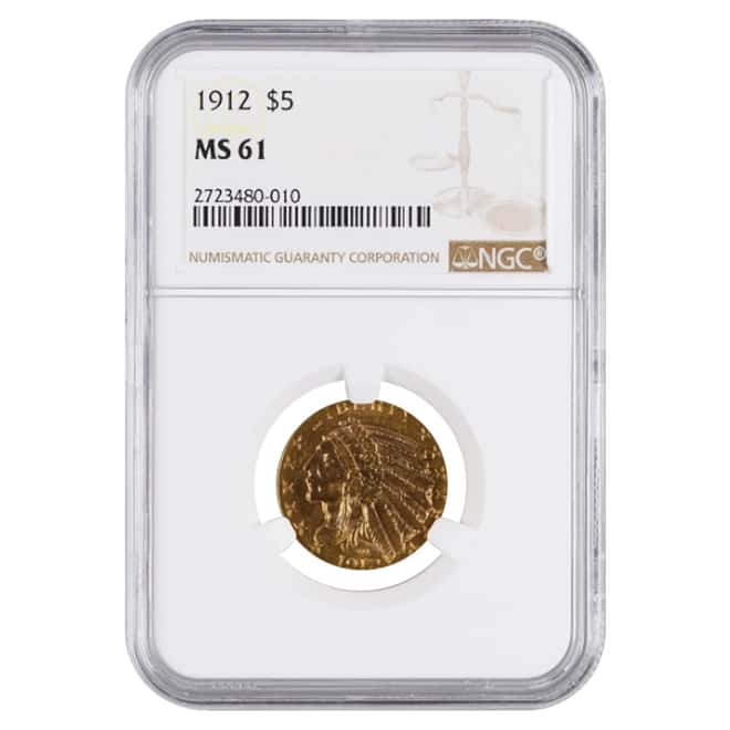 1912 $5 Indian Head Half Eagle Gold Coin NGC MS 61