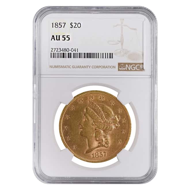 1857 $20 Liberty Head Double Eagle Gold Coin NGC AU 55