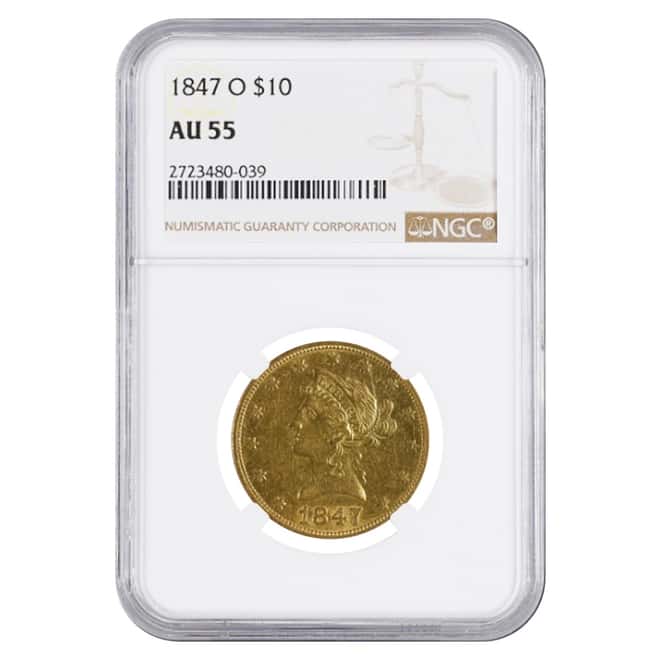 1847 O $10 Liberty Head Gold Eagle Coin NGC AU 55