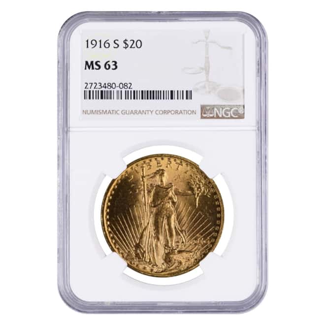 1916 S $20 Gold Saint Gaudens Double Eagle Coin NGC MS 63
