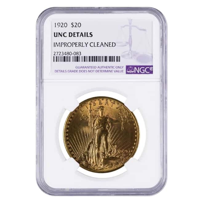 1920 $20 Gold Saint Gaudens Double Eagle Coin NGC UNC Details
