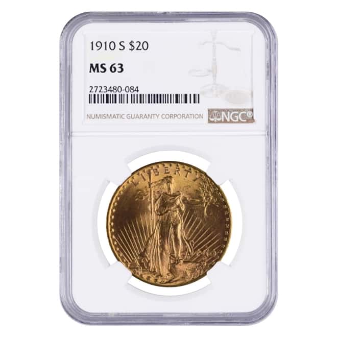 1910 S $20 Gold Saint Gaudens Double Eagle Coin NGC MS 63