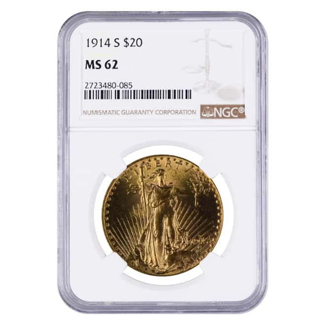 1914 S $20 Gold Saint Gaudens Double Eagle Coin NGC MS 62