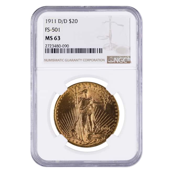 1911 D/D $20 Gold Saint Gaudens Double Eagle Coin NGC MS 63 FS-501