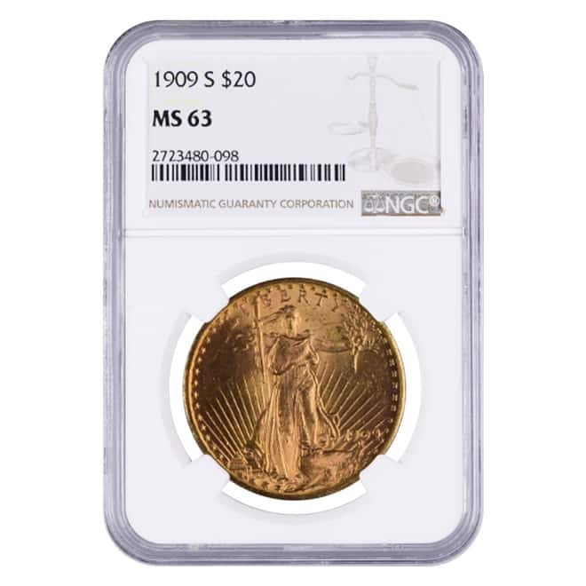 1909 S $20 Gold Saint Gaudens Double Eagle Coin NGC MS 63
