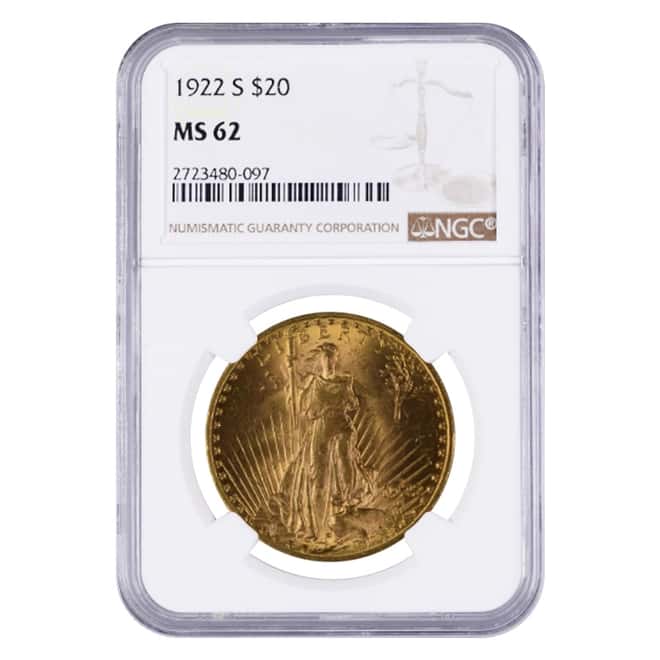 1922 S $20 Gold Saint Gaudens Double Eagle Coin NGC MS 62