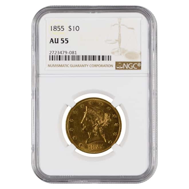 1855 $10 Liberty Head Gold Eagle Coin NGC AU 55