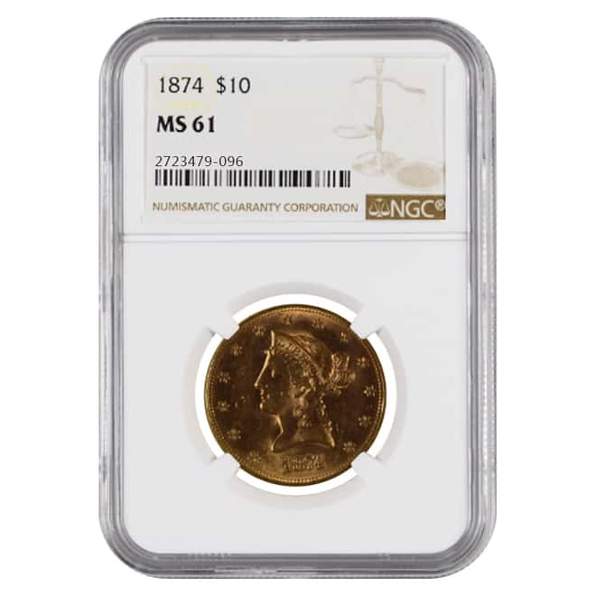 1874 $10 Liberty Head Gold Eagle Coin NGC MS 61