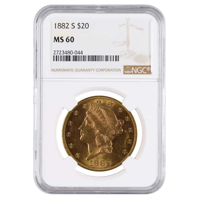 1882 S $20 Liberty Head Double Eagle Gold Coin NGC MS 60