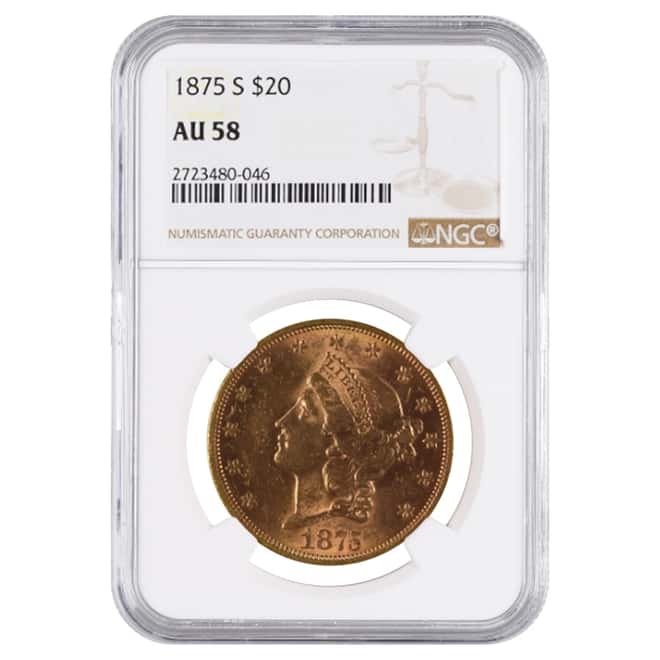 1875 S $20 Liberty Head Double Eagle Gold Coin NGC AU 58
