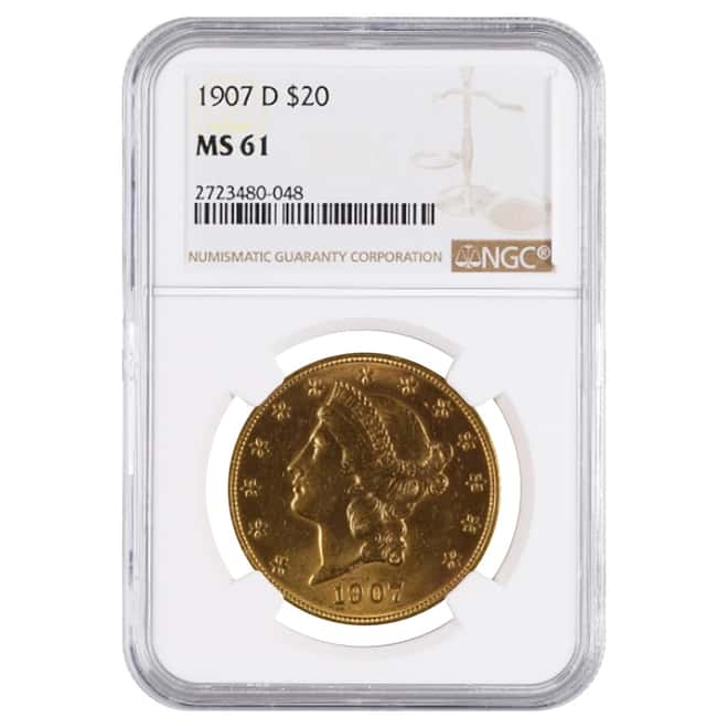1907 D $20 Liberty Head Double Eagle Gold Coin NGC MS 61