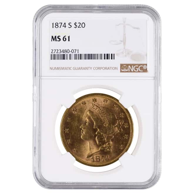 1874 S $20 Liberty Head Double Eagle Gold Coin NGC MS 61