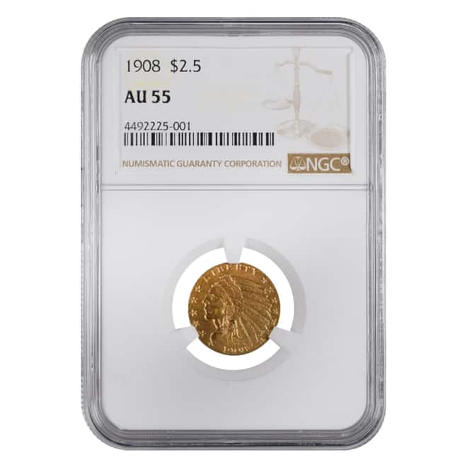 1908 $2.5 Indian Head Quarter Eagle Gold Coin NGC AU 55