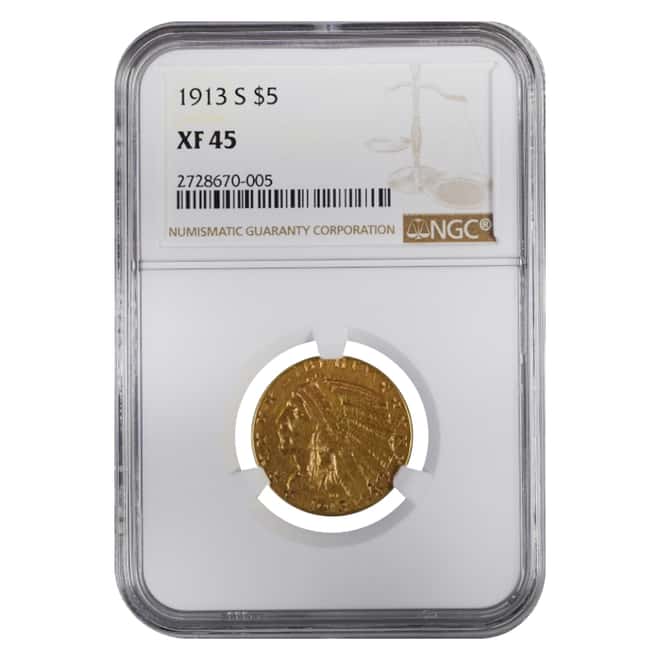 1913 S $5 Indian Head Half Eagle Gold Coin NGC XF 45