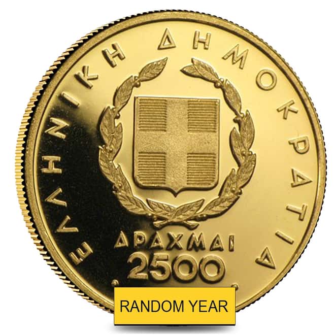 Greece 2500 Drachmai Pan-European Games Proof Gold Coin AGW .1866 oz