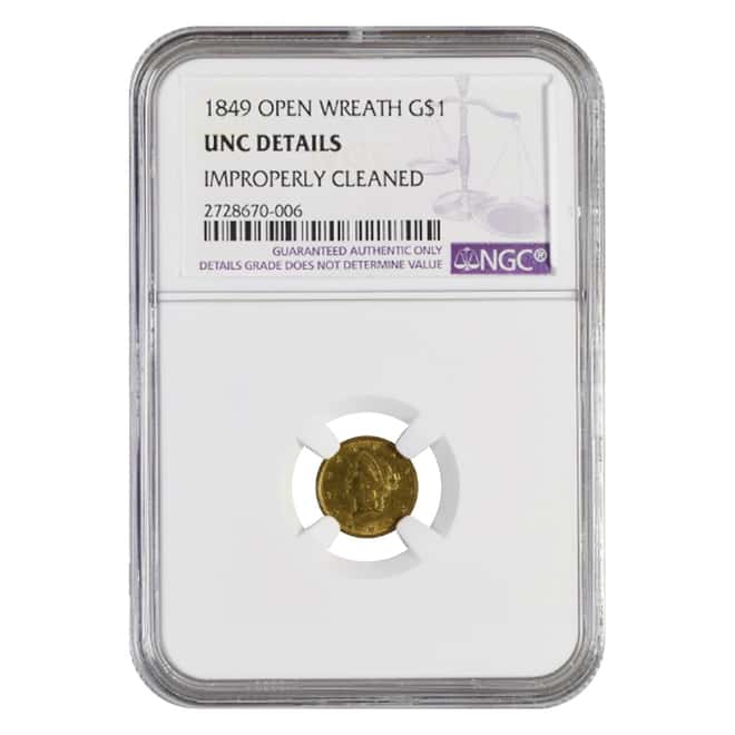1849 $1 Liberty Head Gold Coin NGC UNC Details - Open Wreath