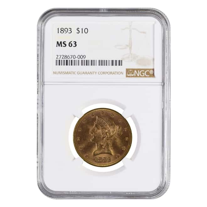 1893 $10 Liberty Head Gold Eagle Coin NGC MS 63