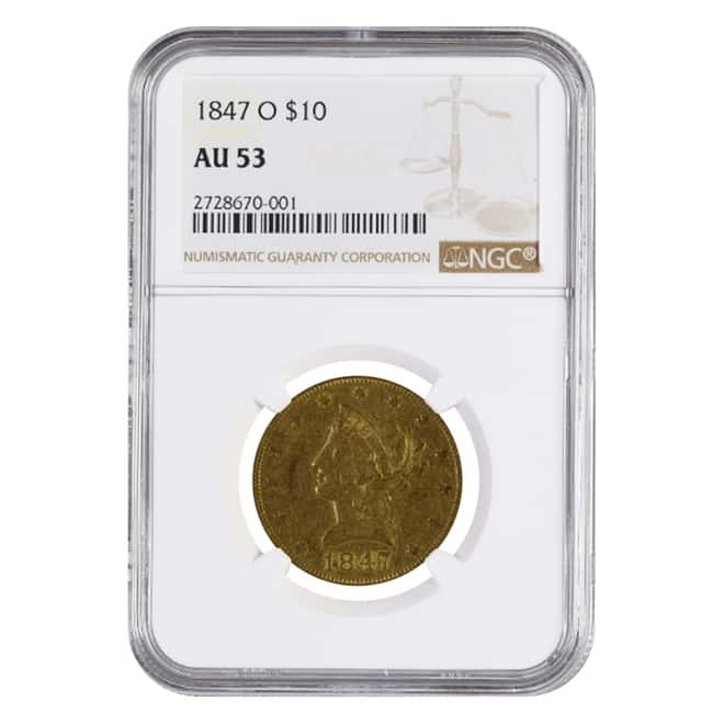 1847 O $10 Liberty Head Gold Eagle Coin NGC AU 53 