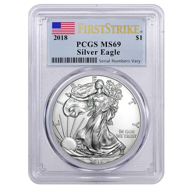 2018 1 oz Silver American Eagle $1 Coin PCGS MS 69 First Strike (Flag Label)