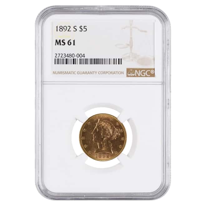1892 S $5 Liberty Head Half Eagle Gold Coin NGC MS 61