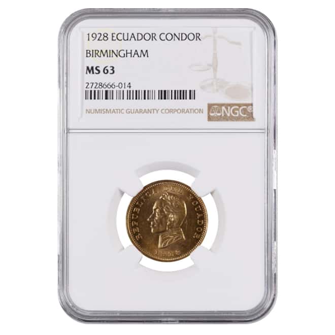 1928 Ecuador 1 Condor Gold Coin .2419 oz NGC MS 63