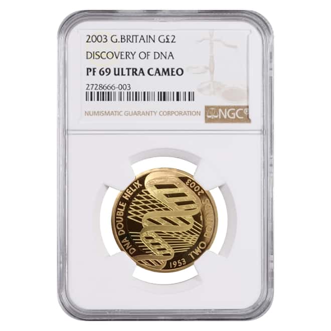 2003 Great Britain 2 Pound Discovery of DNA Proof Gold Coin NGC PF 69 UCAM