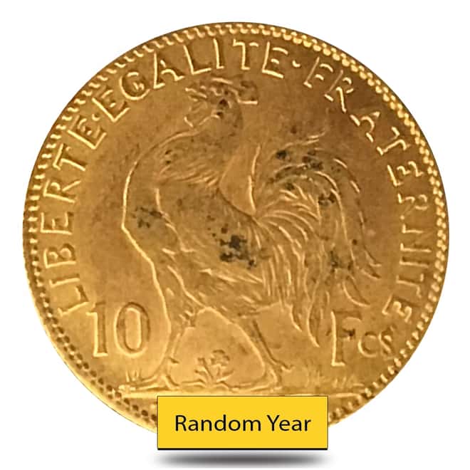 10 Francs French Rooster Gold Coin Avg Circ AGW .0933 oz (Random Year) 