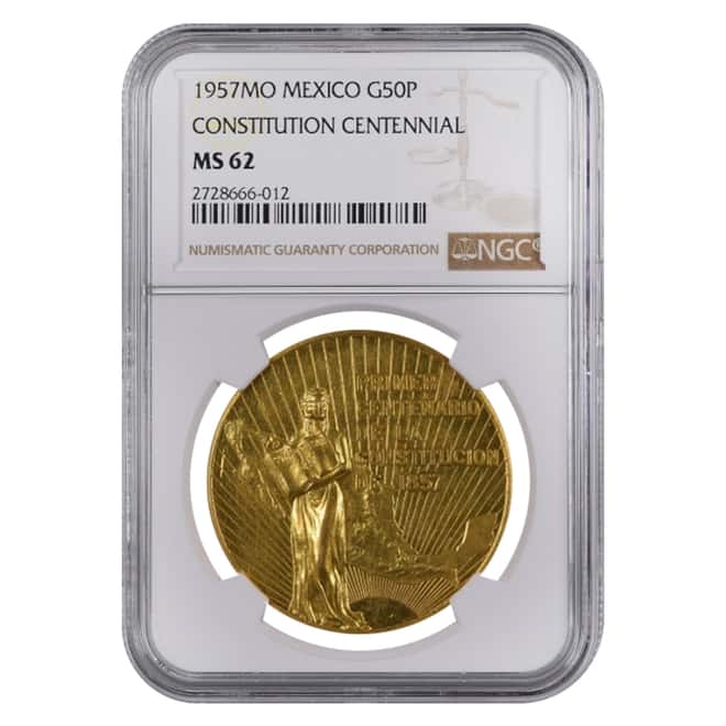 1957 Mexico 50 Pesos Constitution Centennial Gold Coin NGC MS 62