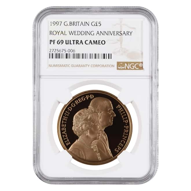 1997 Great Britain Proof Gold 5 Pounds Royal Wedding Anniv NGC PF 69 UCAM