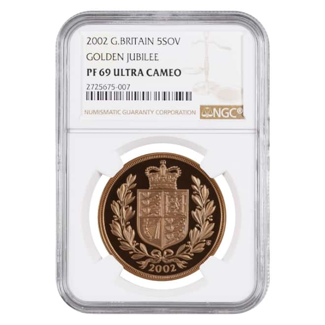 2002 Great Britain Proof Gold 5 Pound Sovereign Golden Jubilee NGC PF 69 UCAM