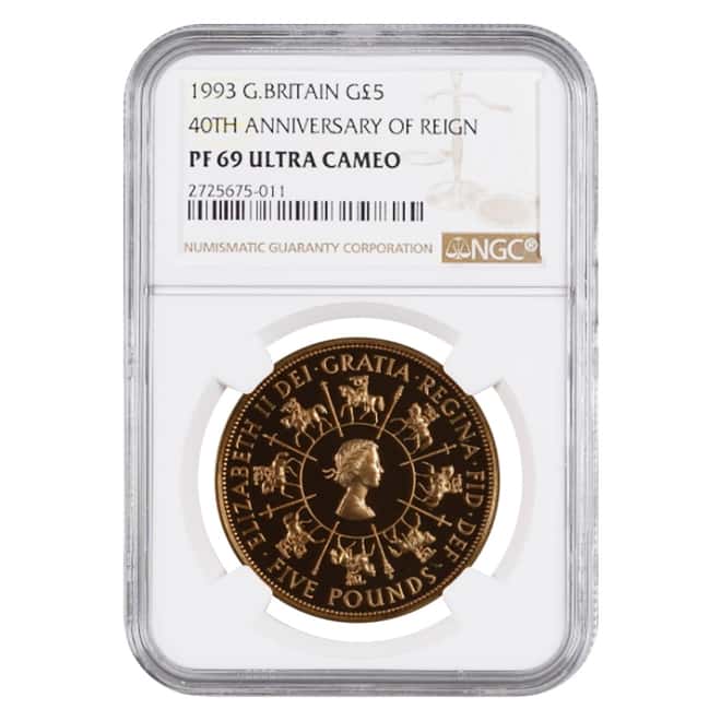 1993 Great Britain Proof Gold 5 Pounds 40th Anniv of Reign NGC PF 69 UCAM