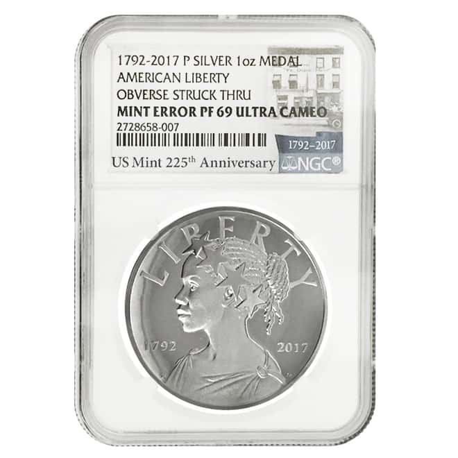 2017 P 1 oz American Liberty High Relief Proof Silver Medal NGC PF 69 Mint Error (225th Ann. Label)