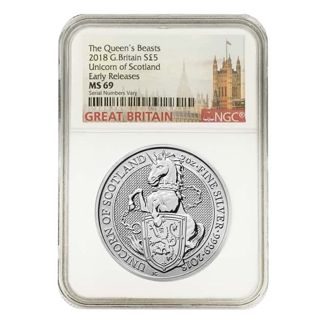 2018 Great Britain 2 oz Silver Queen's Beast (Unicorn of Scotland) Coin NGC MS 69 ER